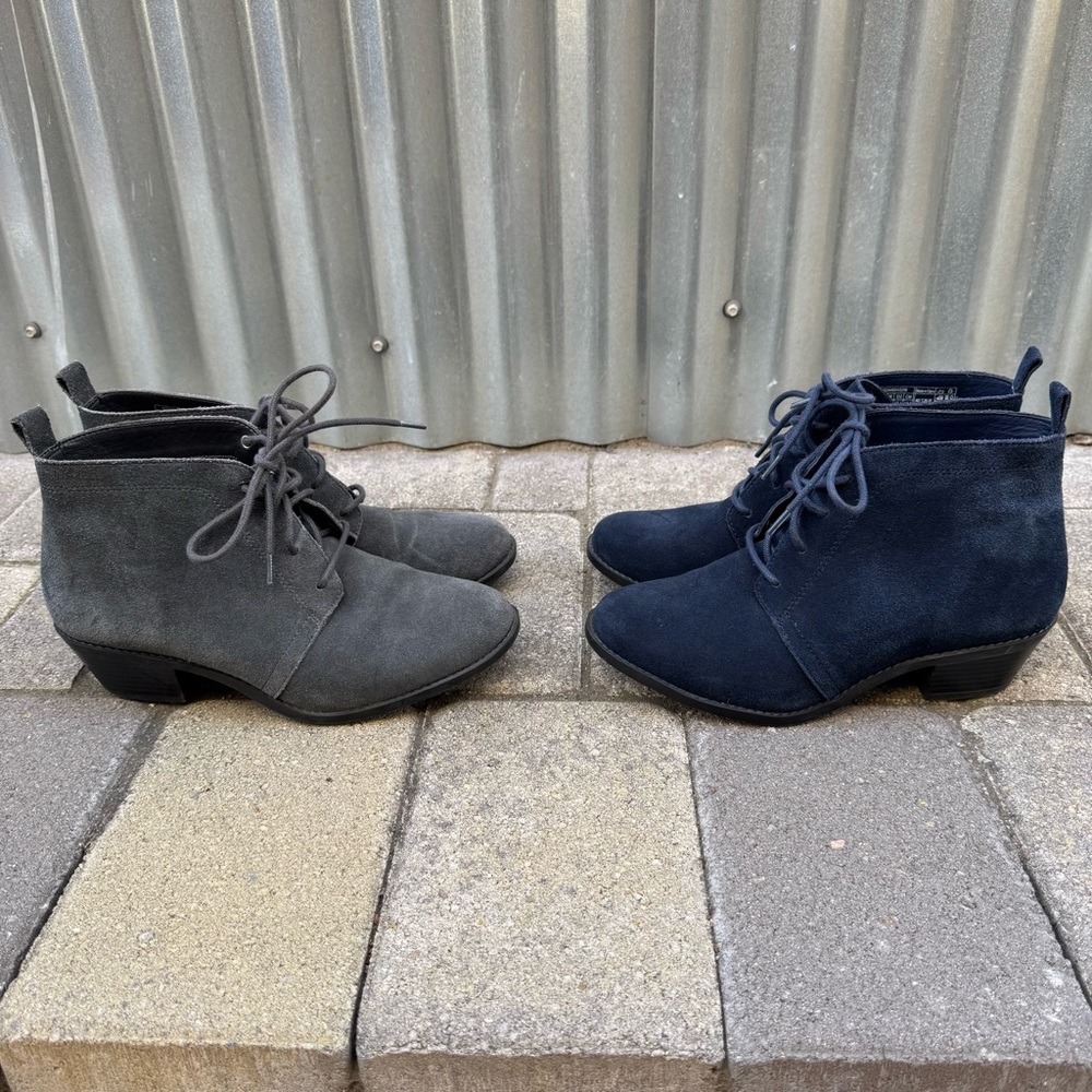Gray & Navy Blue Suede Vionic Andi Lace Up Block Heel Ankle Boot Bundle